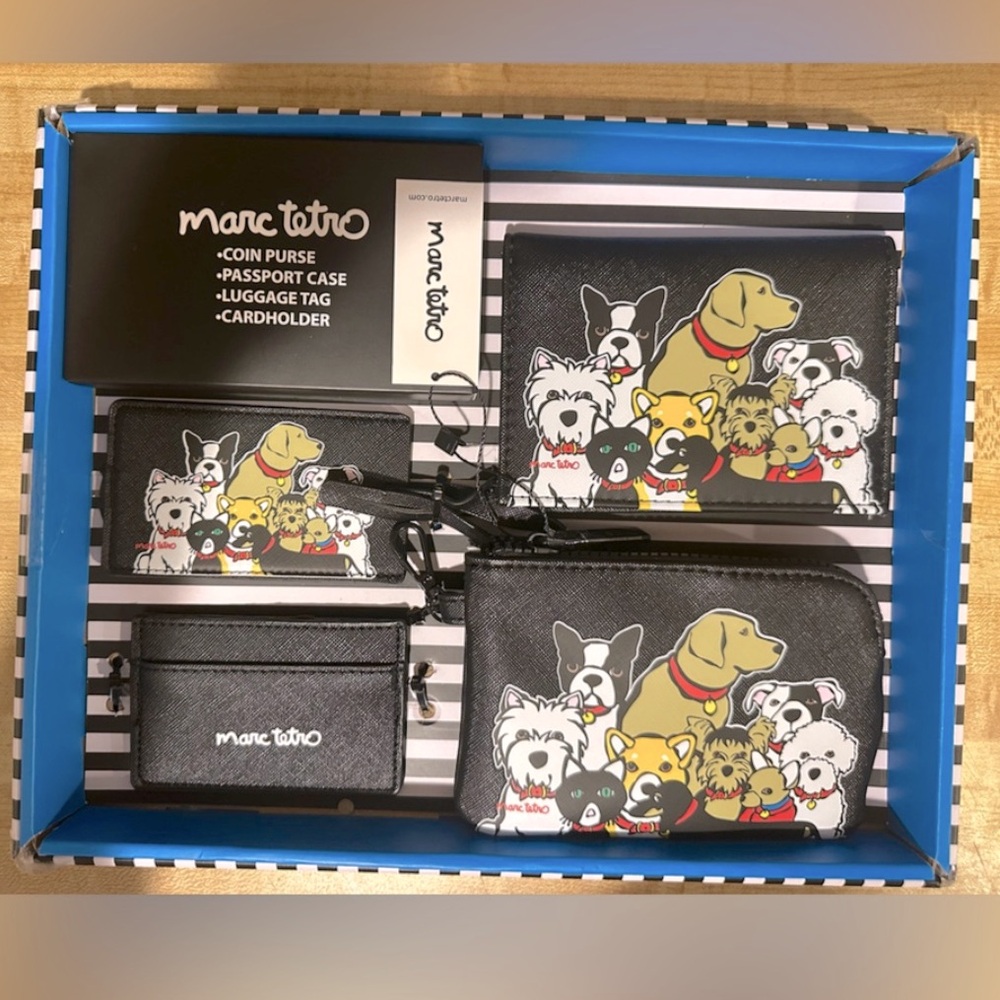 Marc Tetro Dog set 4 items -coin purse, passport holder, luggage tag, cardholder